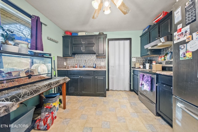 kitchen featuring tasteful backsplash, sink, ceiling fan, and appliances with stainless steel finishes