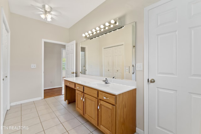 bathroom featuring ceiling fan, tile patterned floors, and vanity