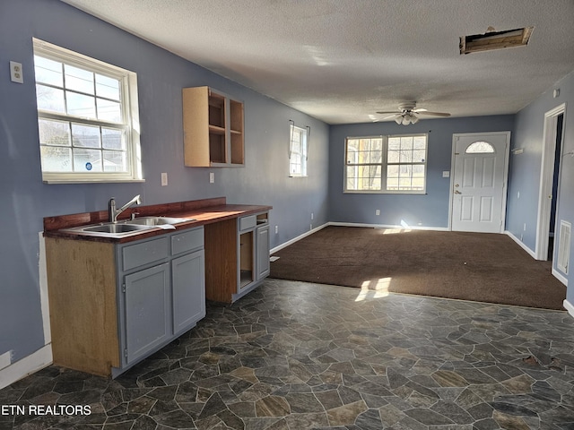 kitchen featuring ceiling fan, sink, a textured ceiling, and dark colored carpet