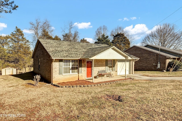 ranch-style home with a garage and a front yard