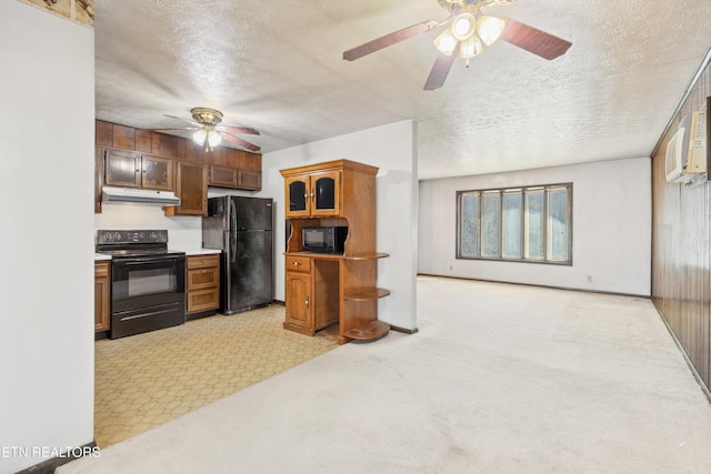 kitchen with ceiling fan, light colored carpet, black appliances, and a textured ceiling