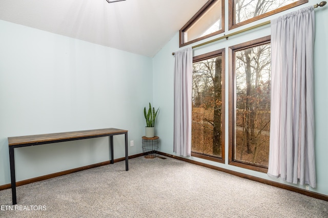 carpeted spare room featuring lofted ceiling