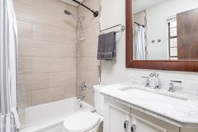 full bathroom with vanity, shower / bathtub combination with curtain, and toilet