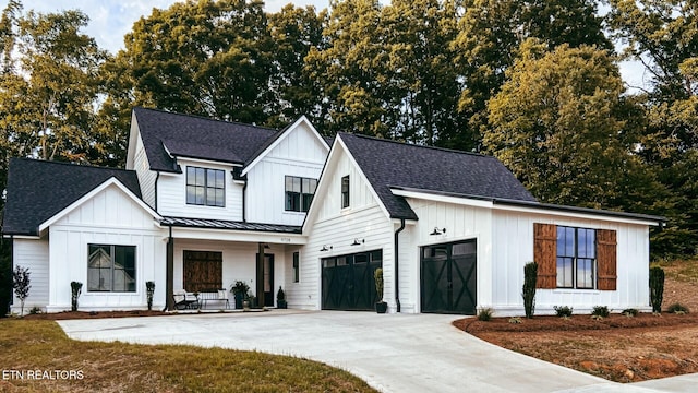 modern inspired farmhouse featuring covered porch