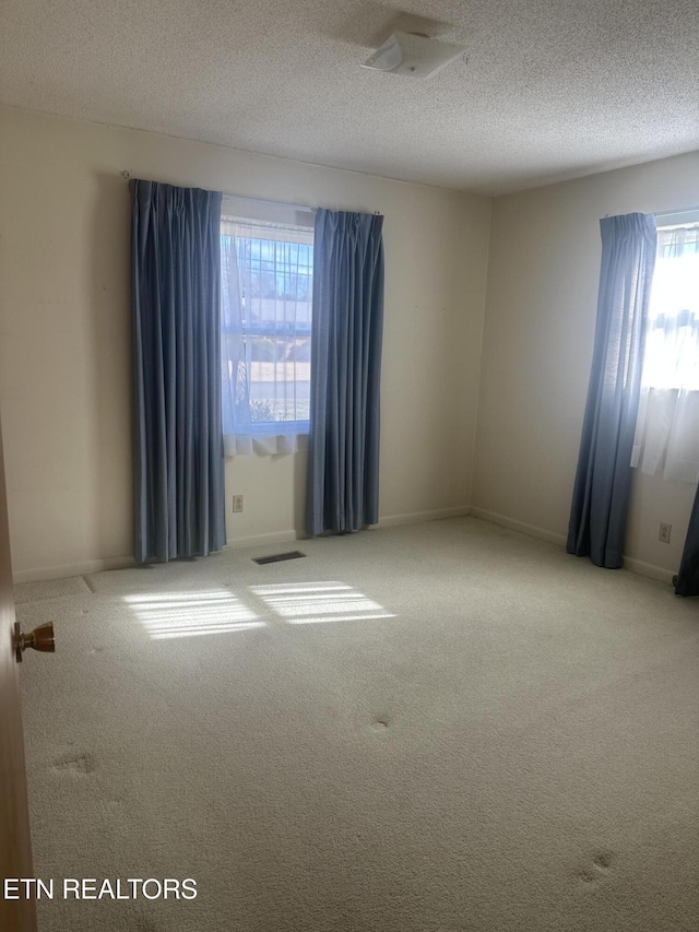 unfurnished room with light colored carpet and a textured ceiling