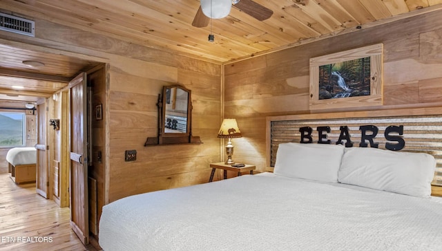 bedroom featuring ceiling fan, wood ceiling, and wooden walls