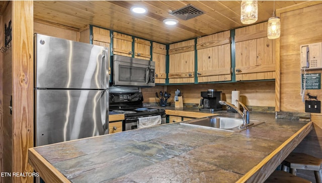 kitchen featuring sink, wooden ceiling, kitchen peninsula, pendant lighting, and stainless steel appliances