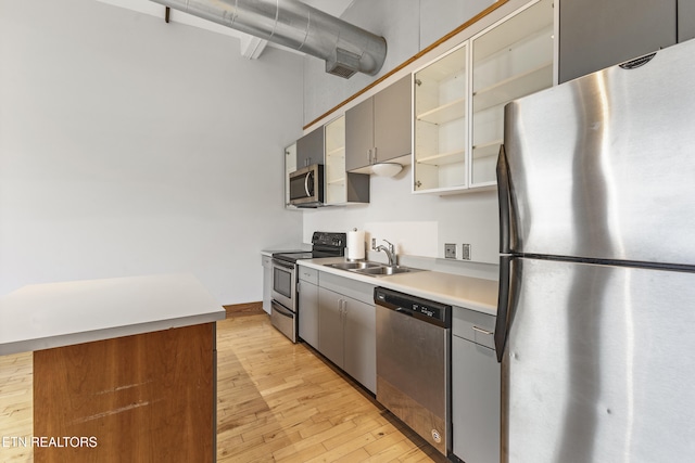 kitchen with stainless steel appliances, sink, light hardwood / wood-style floors, and gray cabinets