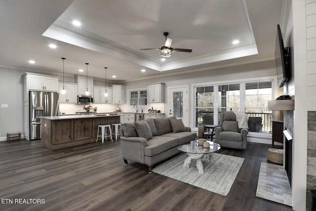 living room with dark hardwood / wood-style floors, sink, ceiling fan, and a tray ceiling