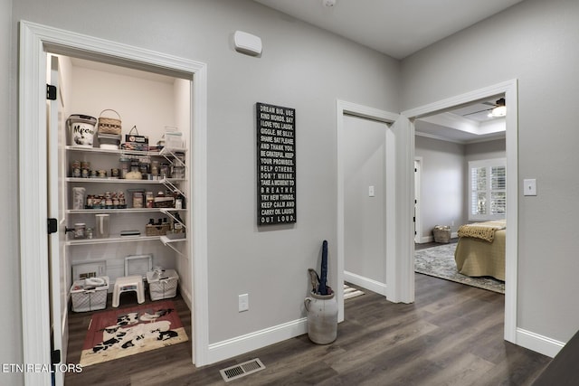 interior space with dark hardwood / wood-style flooring, a tray ceiling, and crown molding