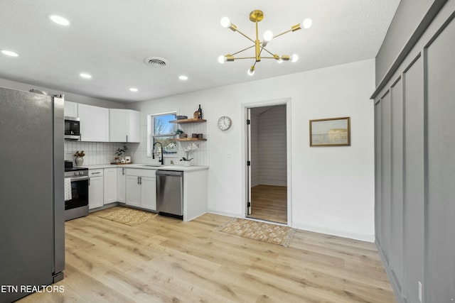 kitchen featuring stainless steel appliances, backsplash, white cabinets, and light wood-type flooring