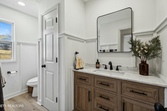 bathroom featuring vanity, hardwood / wood-style floors, and toilet