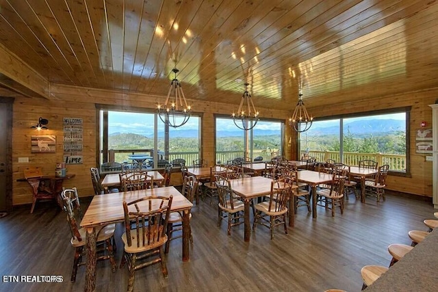 dining area featuring dark wood-type flooring, a mountain view, wooden ceiling, a chandelier, and wood walls