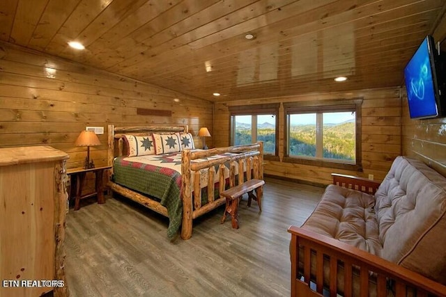 bedroom featuring wood-type flooring, lofted ceiling, and wood ceiling