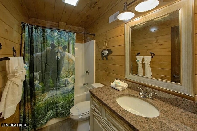 full bathroom featuring toilet, wooden ceiling, shower / bath combo with shower curtain, and wood walls