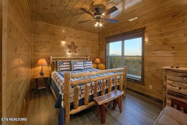 bedroom featuring dark hardwood / wood-style floors, wooden ceiling, and wood walls