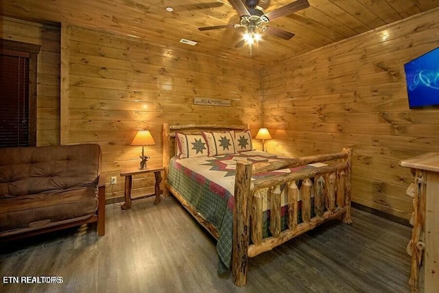 bedroom featuring ceiling fan, wood-type flooring, wooden walls, and wood ceiling