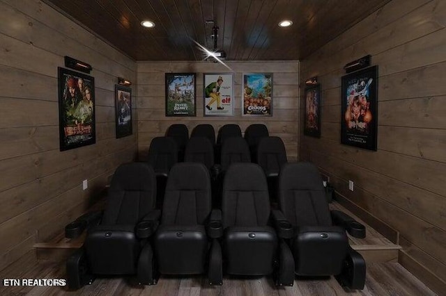 cinema room with wooden walls and wooden ceiling