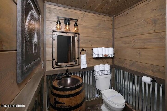 bathroom featuring toilet, vanity, wood ceiling, and wood walls