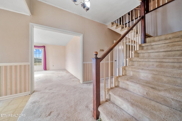 staircase featuring carpet floors and crown molding