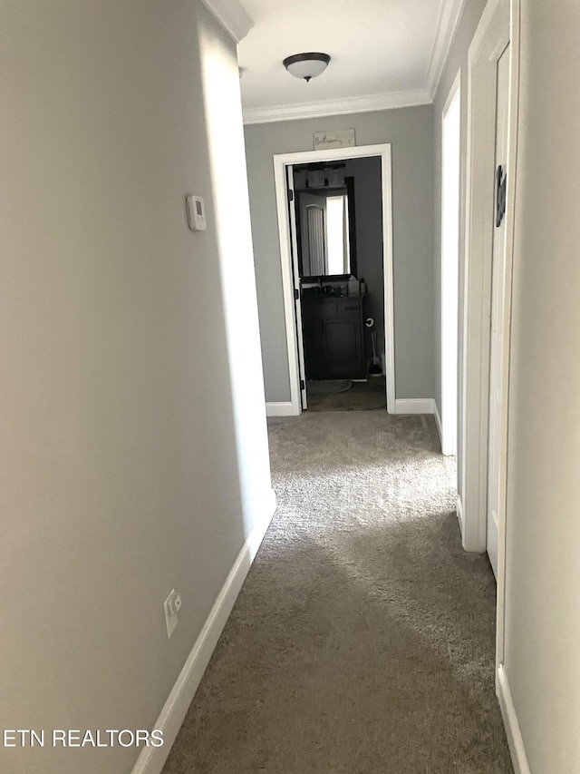 corridor featuring dark colored carpet and ornamental molding