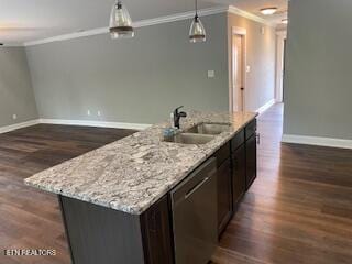 kitchen with ornamental molding, stainless steel dishwasher, dark wood-style flooring, and a sink