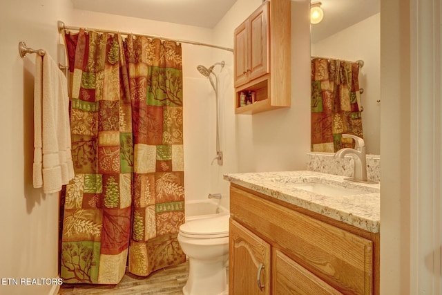 full bathroom with shower / bath combination with curtain, vanity, toilet, and wood-type flooring