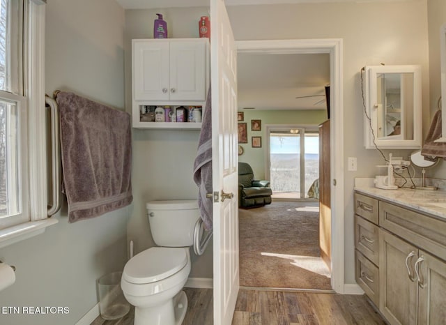 bathroom featuring vanity, toilet, and hardwood / wood-style floors