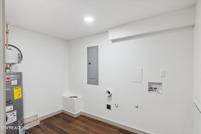 laundry room featuring gas dryer hookup, electric dryer hookup, hookup for a washing machine, electric panel, and electric water heater