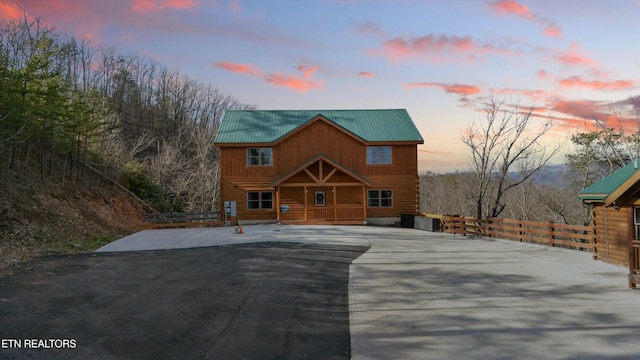 log home with a porch