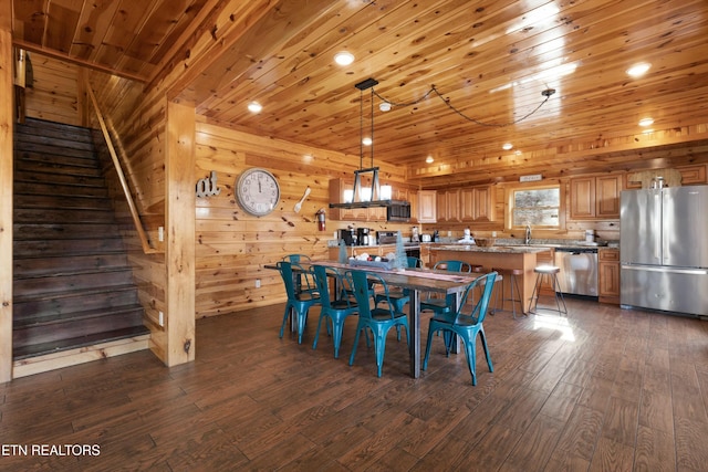 dining area with sink, wood ceiling, dark wood-type flooring, and wood walls