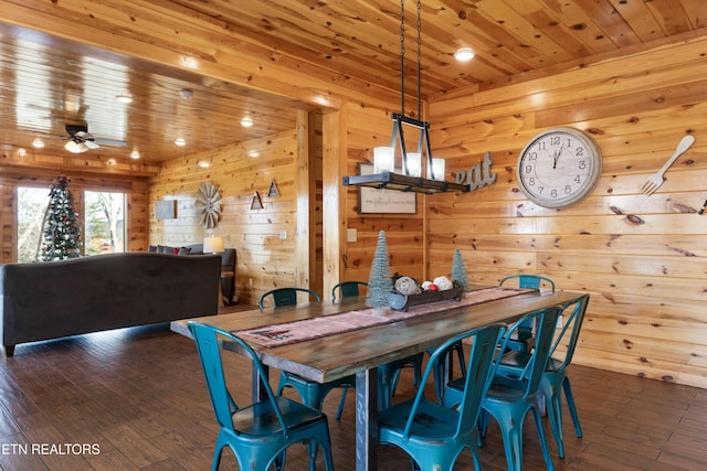 dining area featuring ceiling fan, dark hardwood / wood-style floors, wood walls, and wooden ceiling