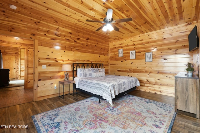 bedroom featuring wood ceiling, dark wood-type flooring, ceiling fan, and wood walls