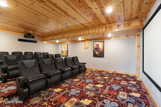 home theater room featuring wood ceiling