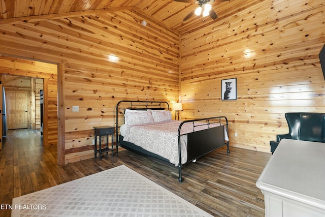 bedroom featuring wooden ceiling, dark hardwood / wood-style floors, and wood walls