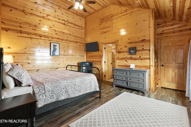 bedroom featuring dark hardwood / wood-style flooring, wooden ceiling, ceiling fan, and wood walls