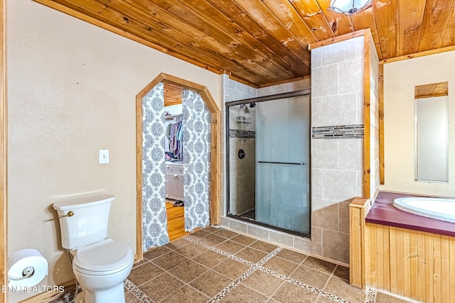 bathroom with walk in shower, toilet, and wooden ceiling