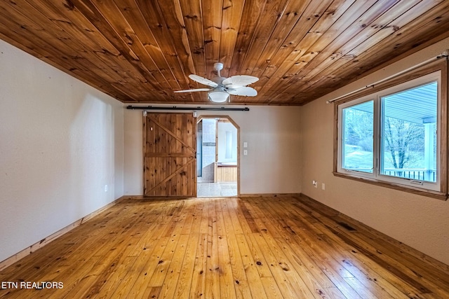 unfurnished room with ceiling fan, a barn door, wood ceiling, and light wood-type flooring