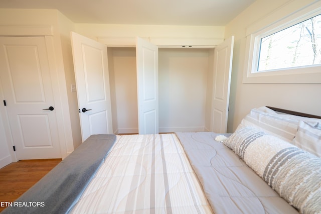 bedroom featuring wood-type flooring and a closet