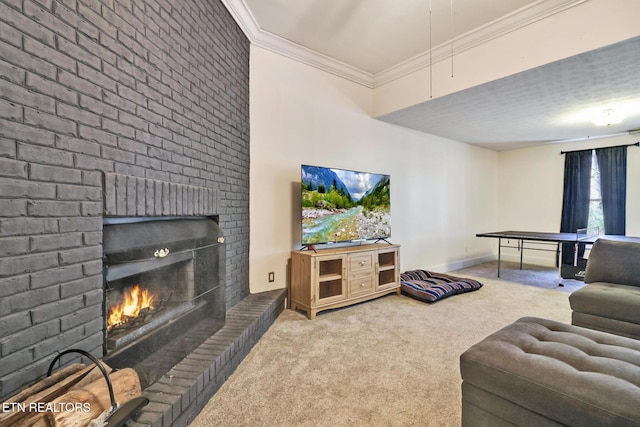 carpeted living room with ornamental molding and a fireplace