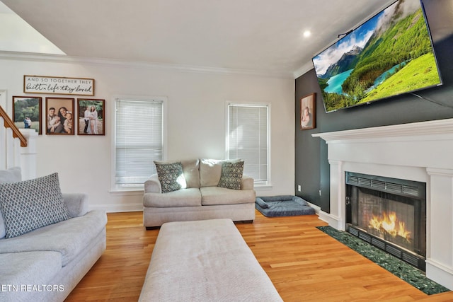 living room with wood-type flooring and ornamental molding