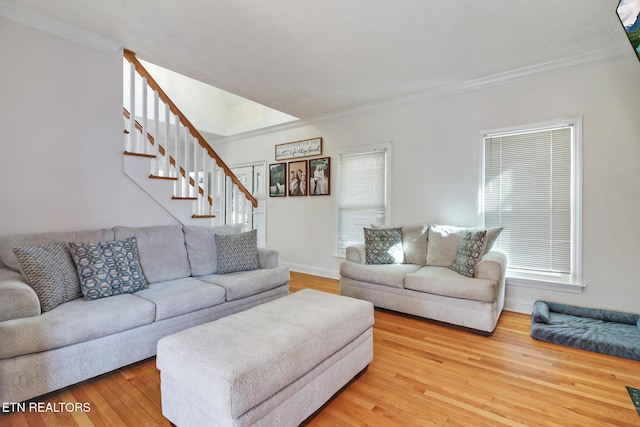 living room with ornamental molding and hardwood / wood-style floors