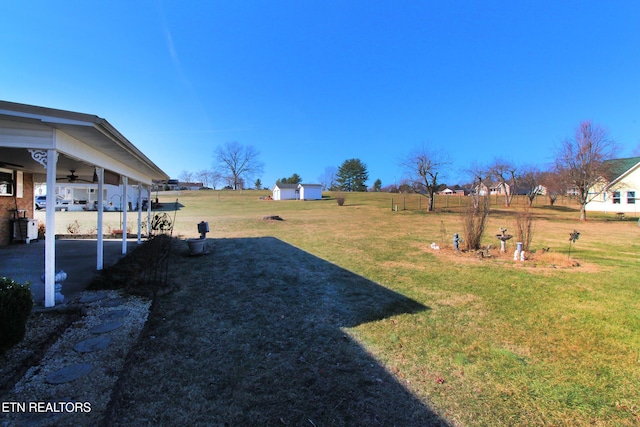 view of yard with a patio area, ceiling fan, and an outbuilding