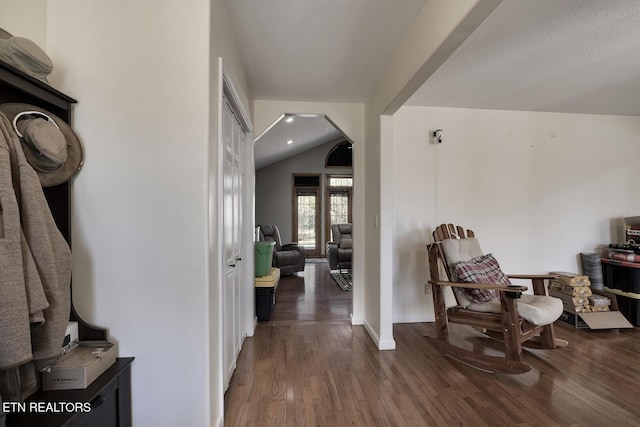 sitting room featuring lofted ceiling and dark hardwood / wood-style flooring