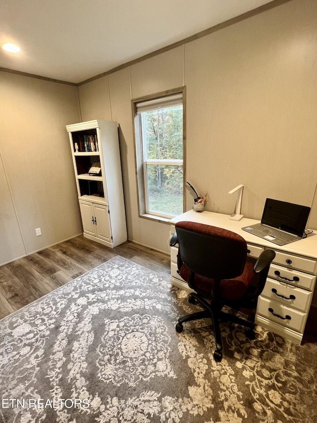 office space with crown molding and wood finished floors