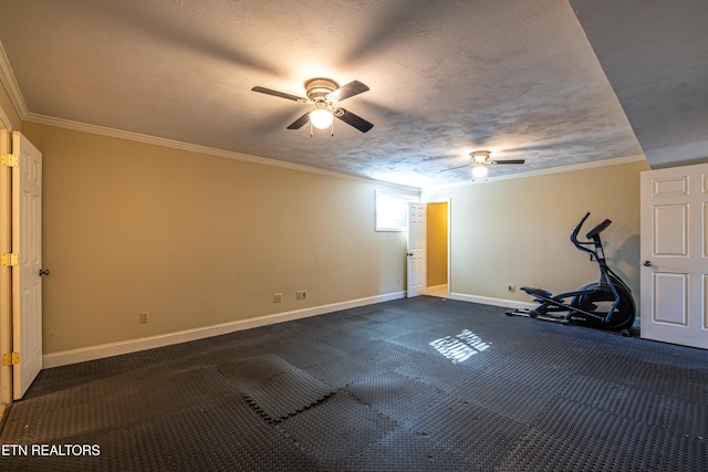 exercise area featuring crown molding, a textured ceiling, and ceiling fan