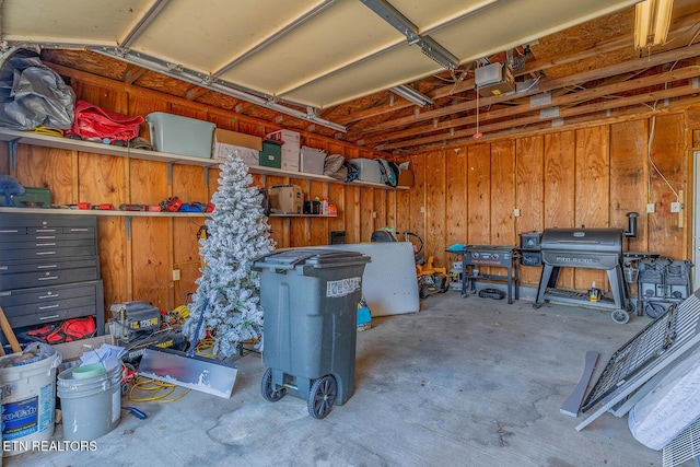 garage featuring wooden walls