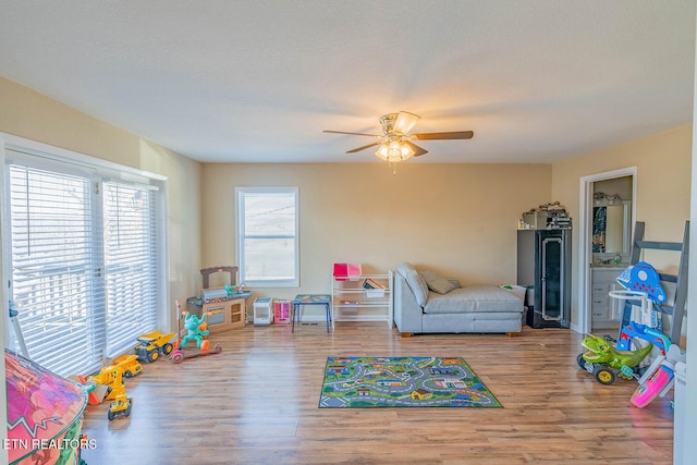 playroom with hardwood / wood-style flooring, a textured ceiling, and a wealth of natural light