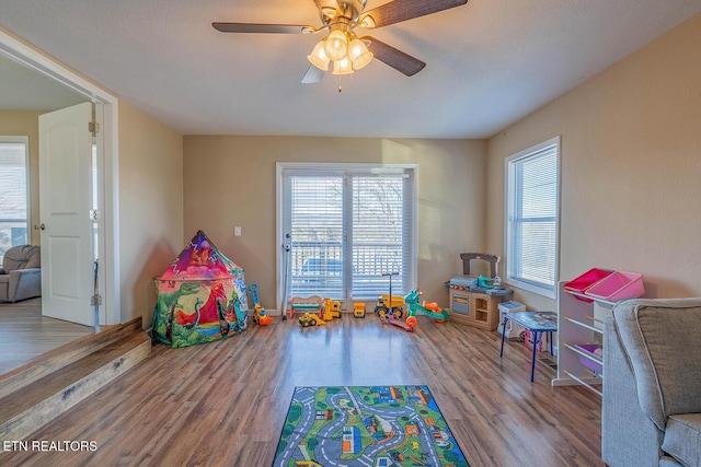 recreation room with ceiling fan and hardwood / wood-style floors