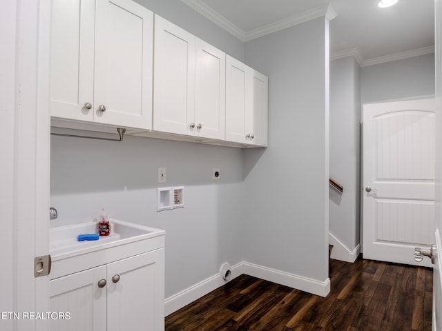 laundry area with cabinets, ornamental molding, dark hardwood / wood-style flooring, hookup for a washing machine, and hookup for an electric dryer